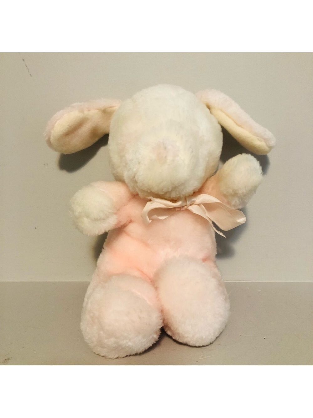 Eatons Pink Bunny Plush Rattle Baby Cuddle Toy White Bow Ribbon Vintage 80s